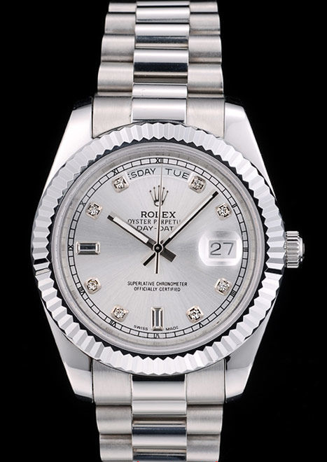 Rolex Swiss DayDate Stainless Steel Ribbed Bezel Silver Dial 41995