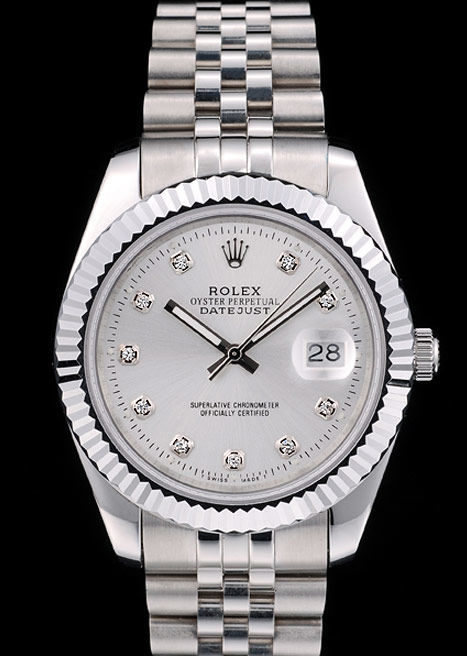 Rolex Swiss DateJust Stainless Steel Ribbed Bezel Silver Dial 41996